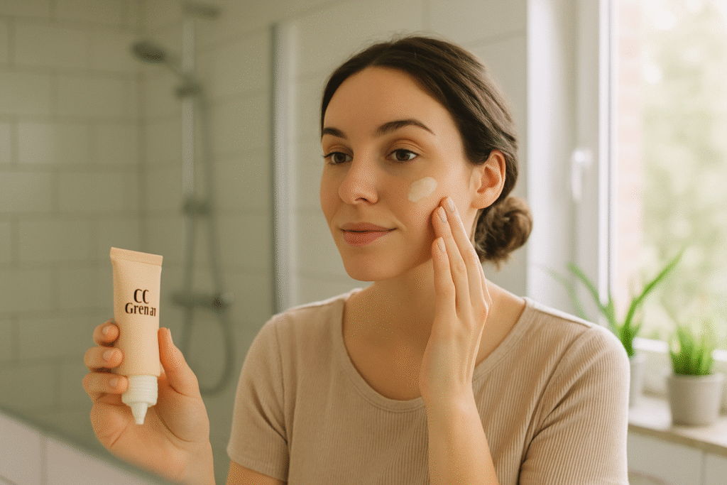 Femme appliquant une CC cream sur son visage devant un miroir, ambiance naturelle