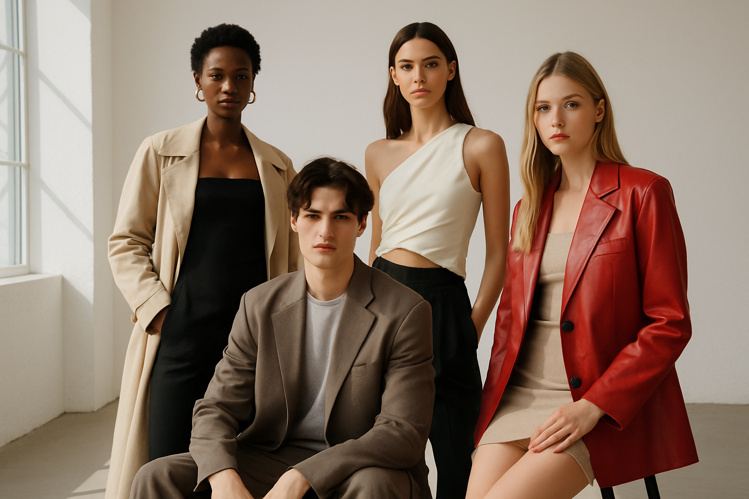 Mannequins portant les tendances mode 2024 dans un studio lumineux