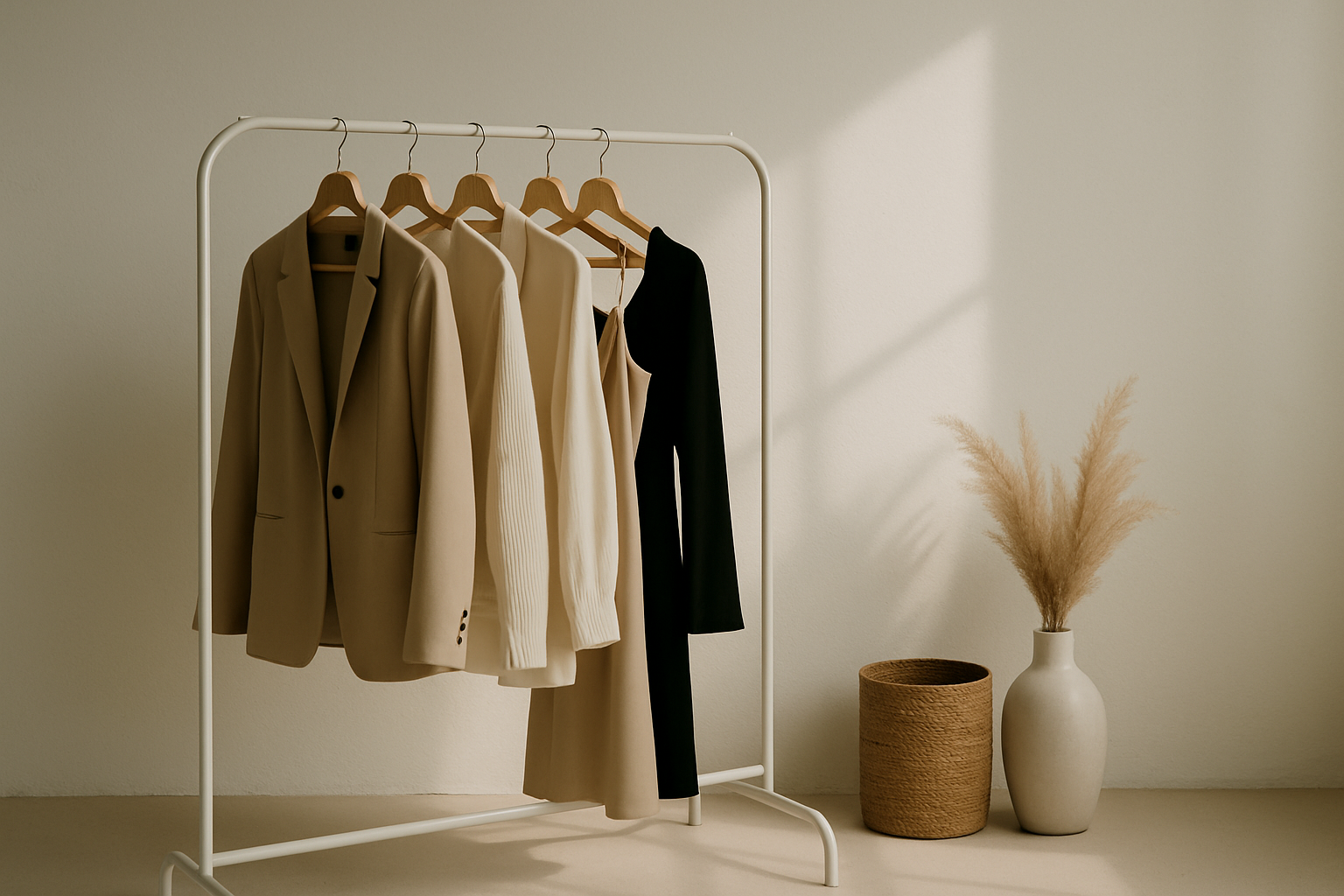 Râtelier de vêtements minimaliste en studio, lumière naturelle, ambiance mode contemporaine