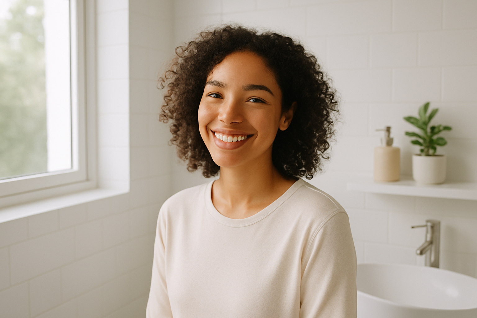 Femme au teint éclatant dans une salle de bain lumineuse, ambiance naturelle et paisible