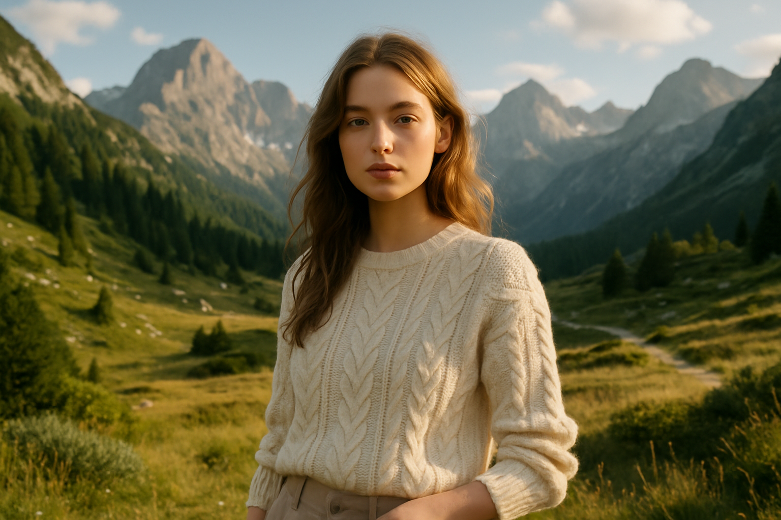 Modèle photo posant dans un paysage naturel alpin avec lumière douce