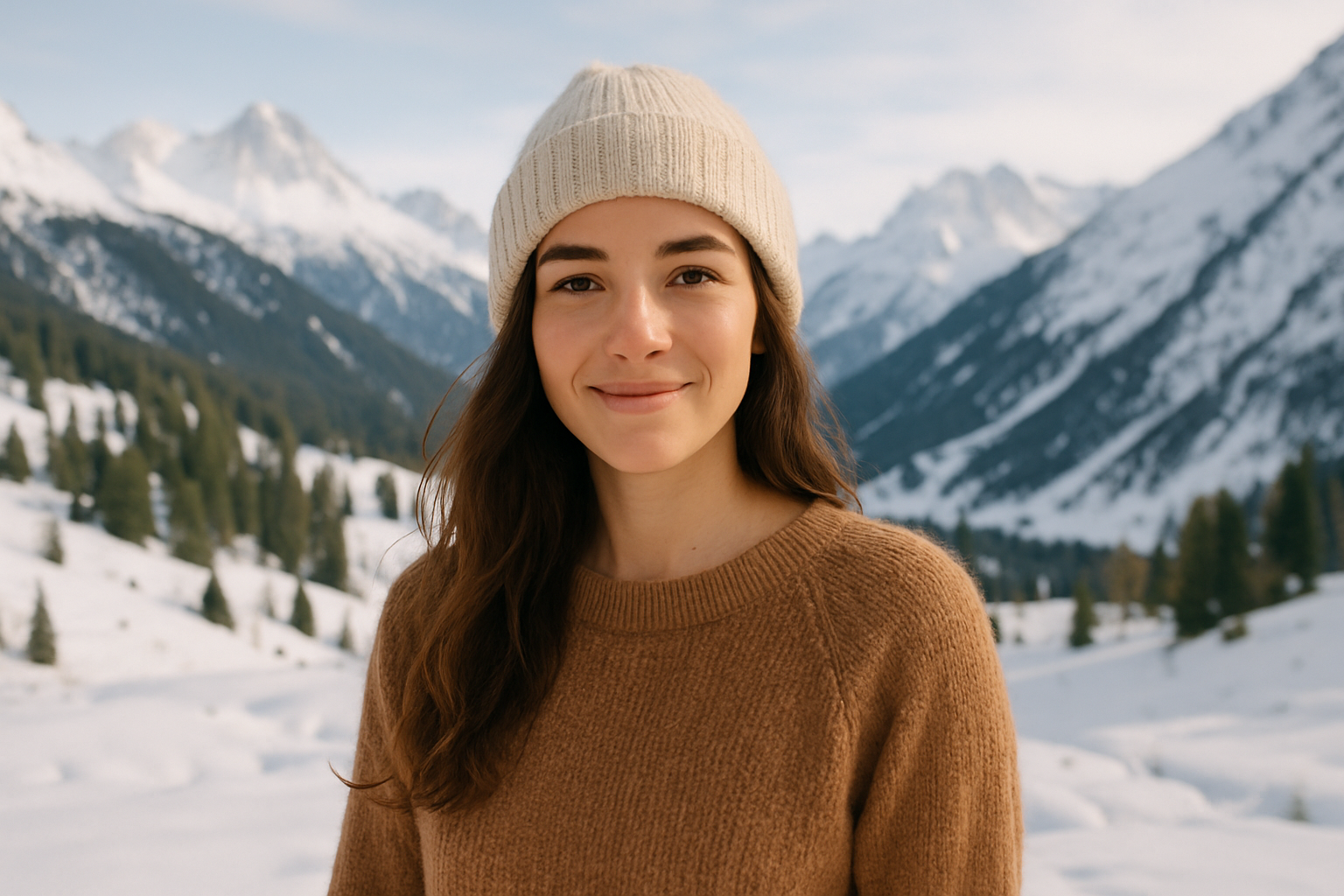 Jeune modèle posant en extérieur dans un paysage montagneux enneigé des Hautes-Alpes