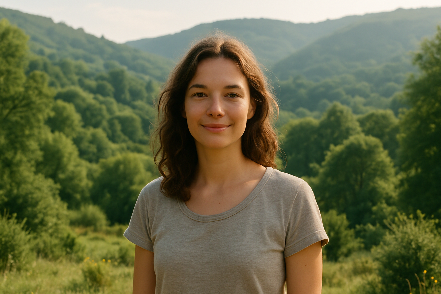 Jeune modèle posant en extérieur dans un paysage naturel de l'Ardèche