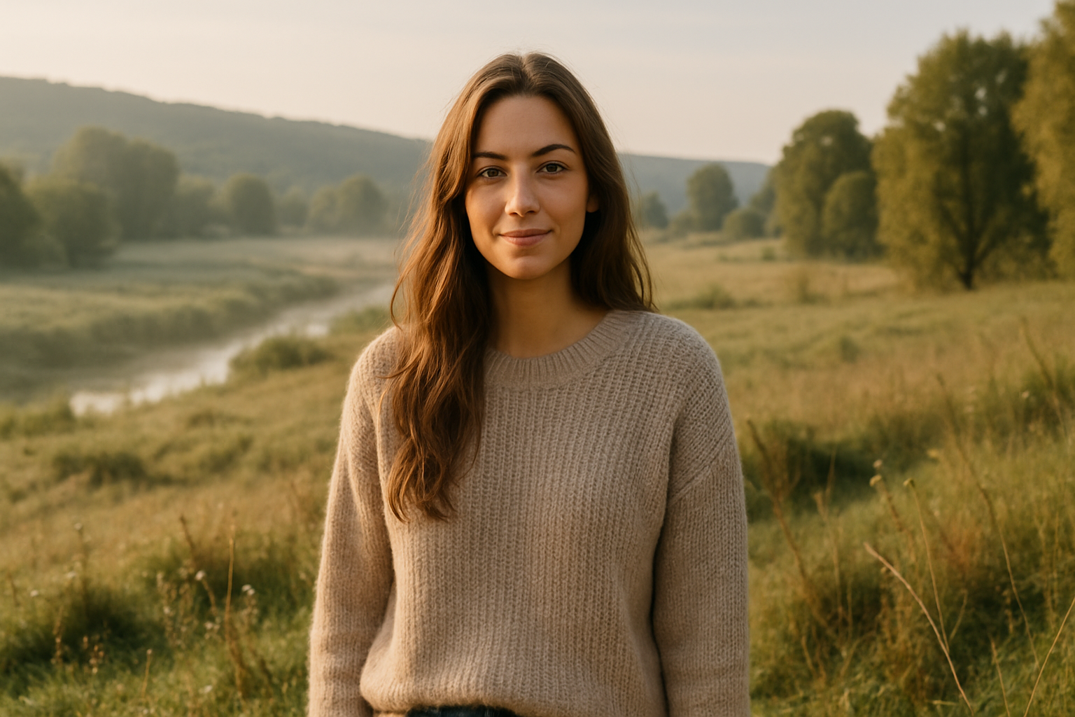 Modèle posant en extérieur dans un paysage naturel de l’Aube avec lumière douce