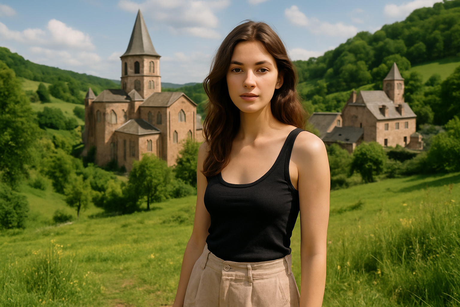 Modèle photo posant dans la campagne de l’Aveyron avec un décor naturel et un bâtiment ancien en arrière-plan