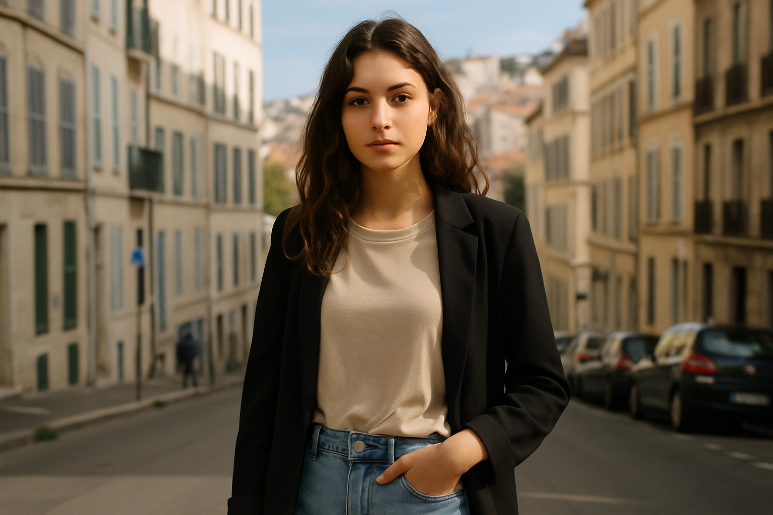 Jeune modèle posant en extérieur dans un décor urbain de Marseille avec une lumière naturelle