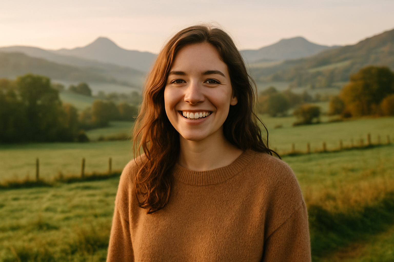Jeune femme souriante posant en extérieur dans un paysage rural du Cantal