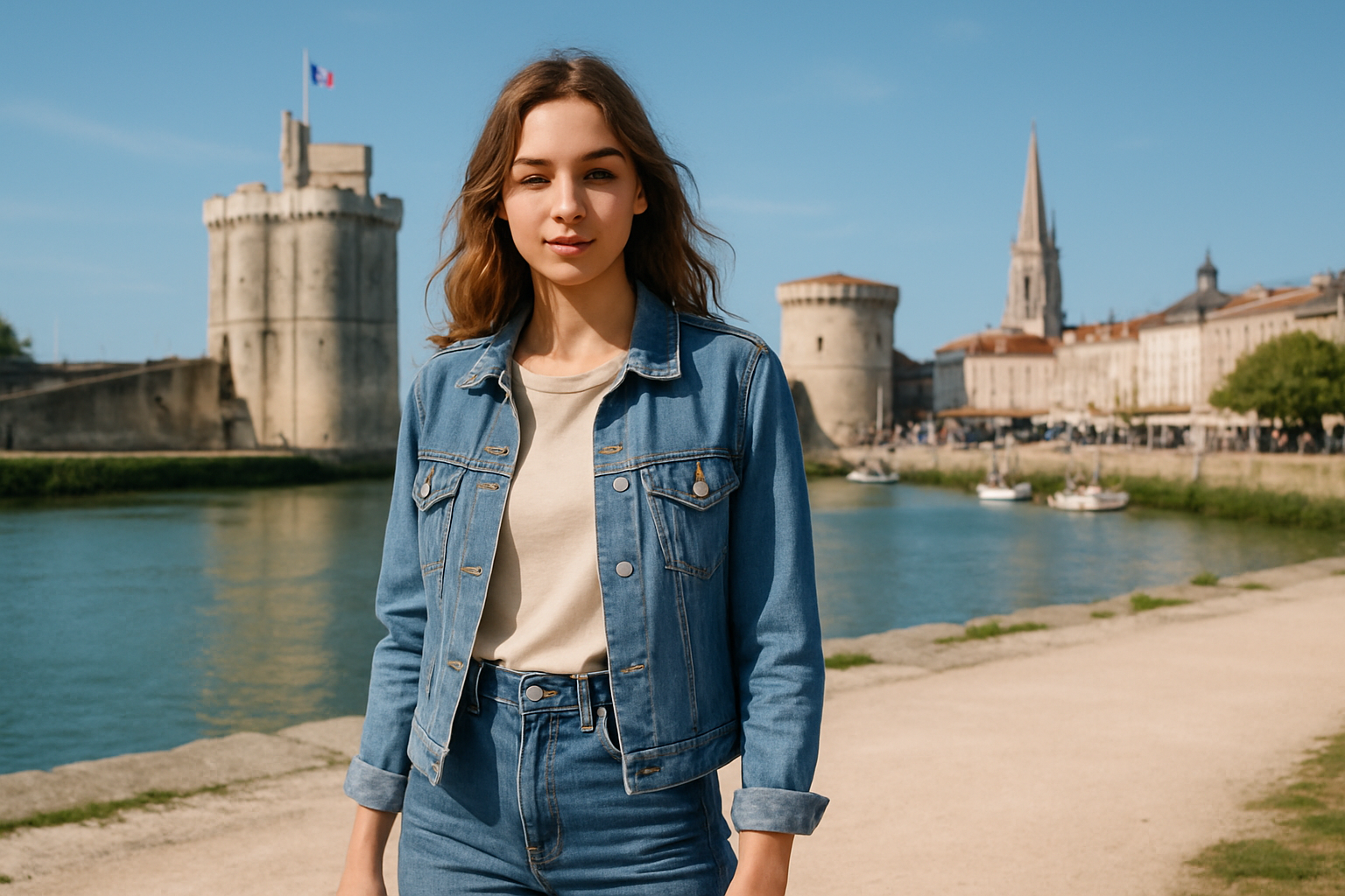 Modèle photo posant en extérieur à La Rochelle avec un décor côtier en arrière-plan