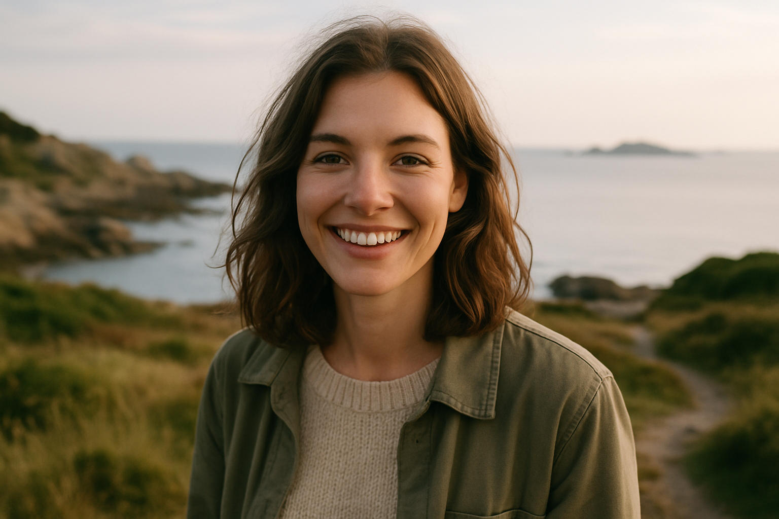 Modèle féminin souriant en extérieur dans un paysage côtier des Côtes-d’Armor