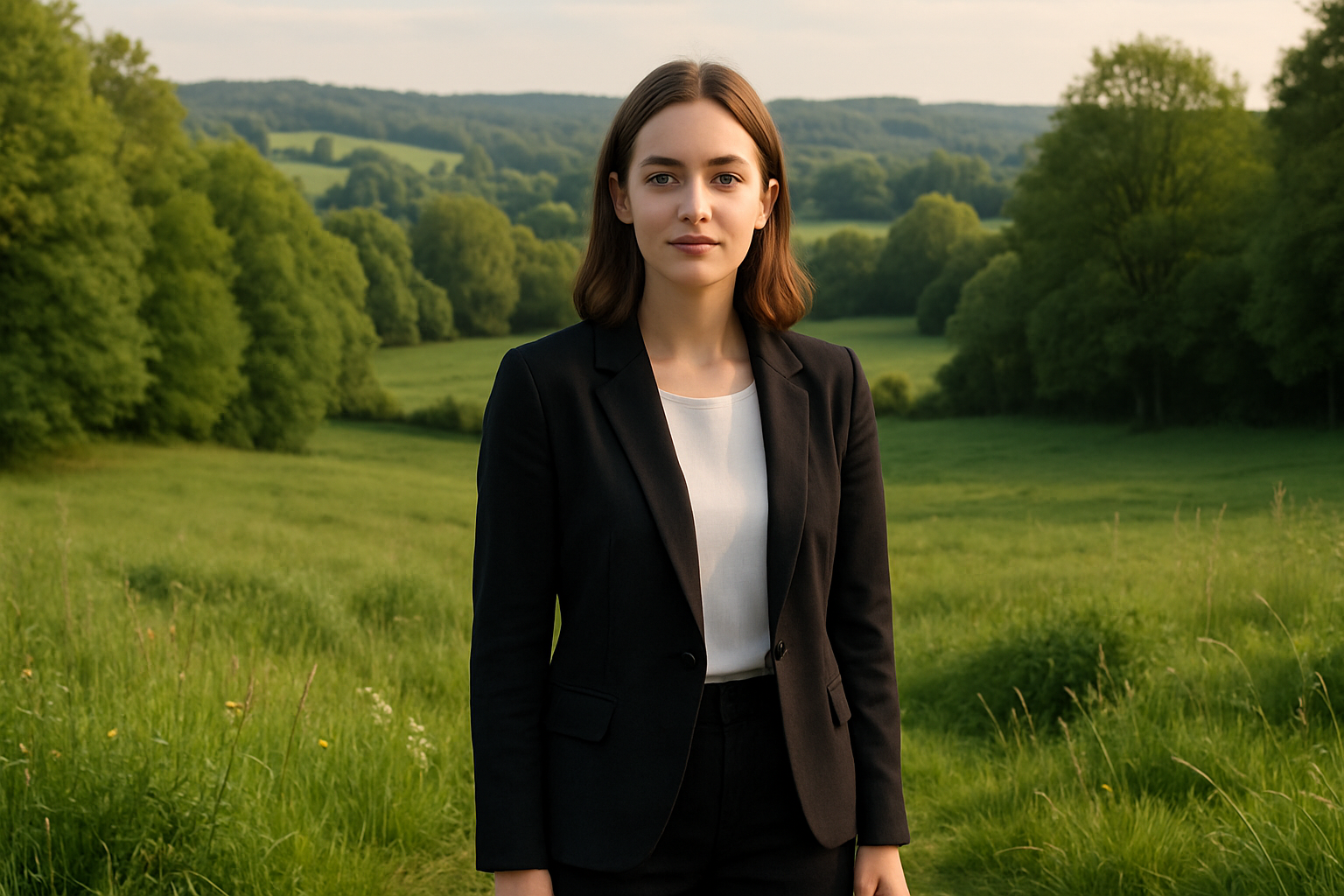 Jeune femme posant en extérieur dans un paysage naturel verdoyant de la Creuse