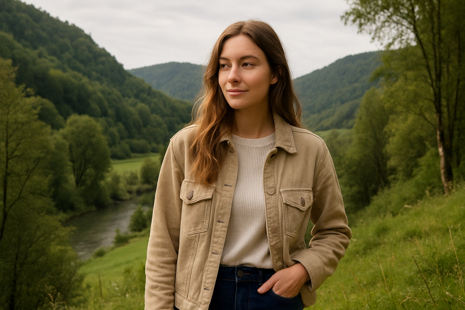 Modèle posant en extérieur dans un paysage naturel typique du Doubs