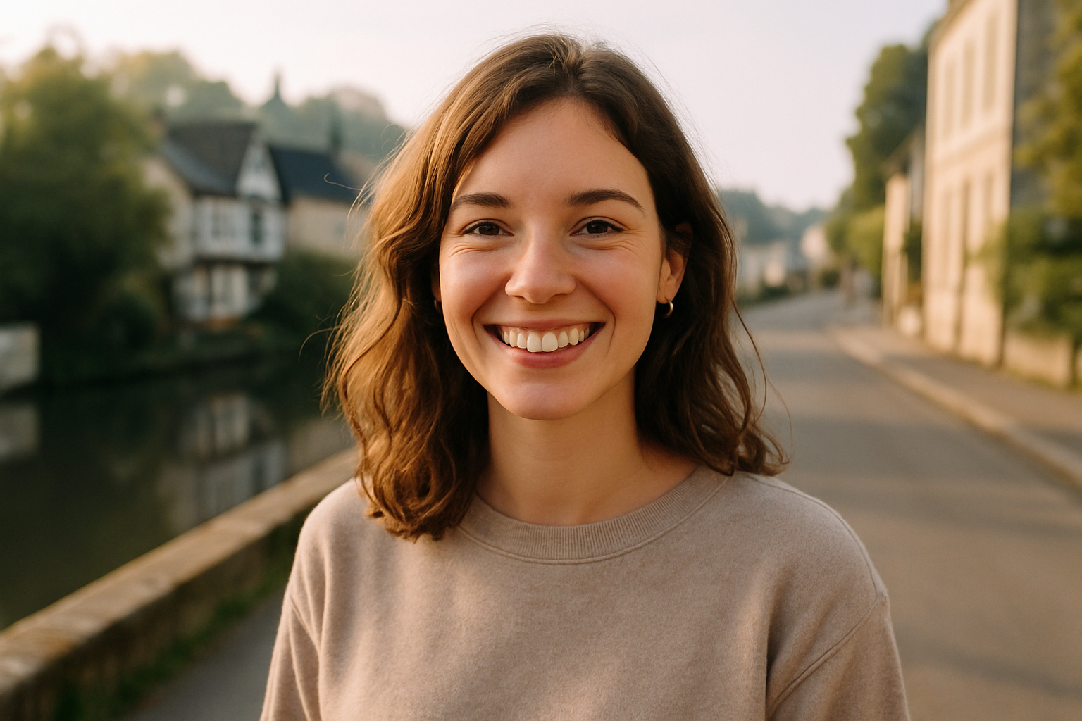 Jeune modèle photo souriante en extérieur dans un décor urbain de l’Eure