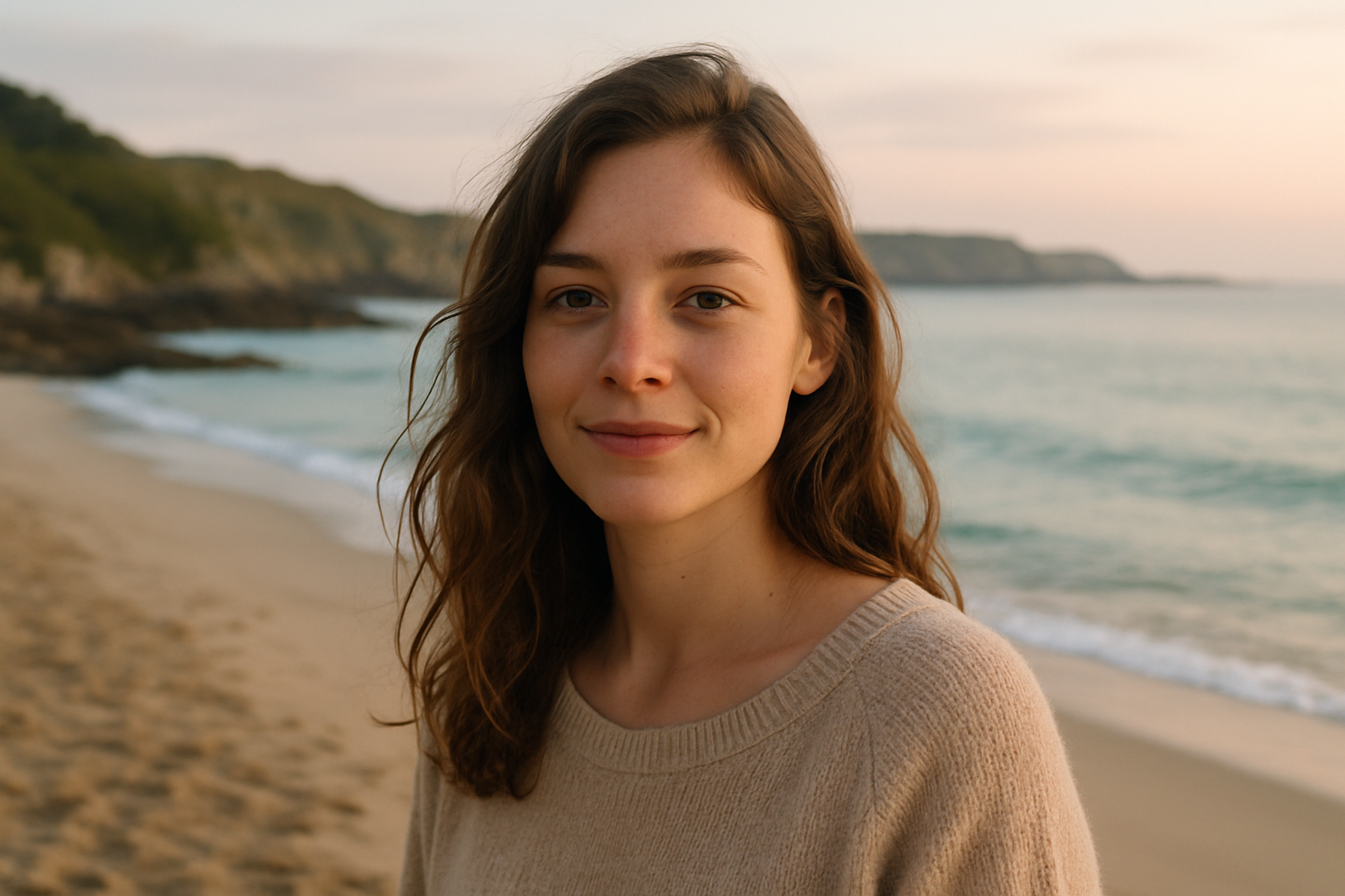 Jeune modèle posant sur une plage du Finistère au lever du soleil