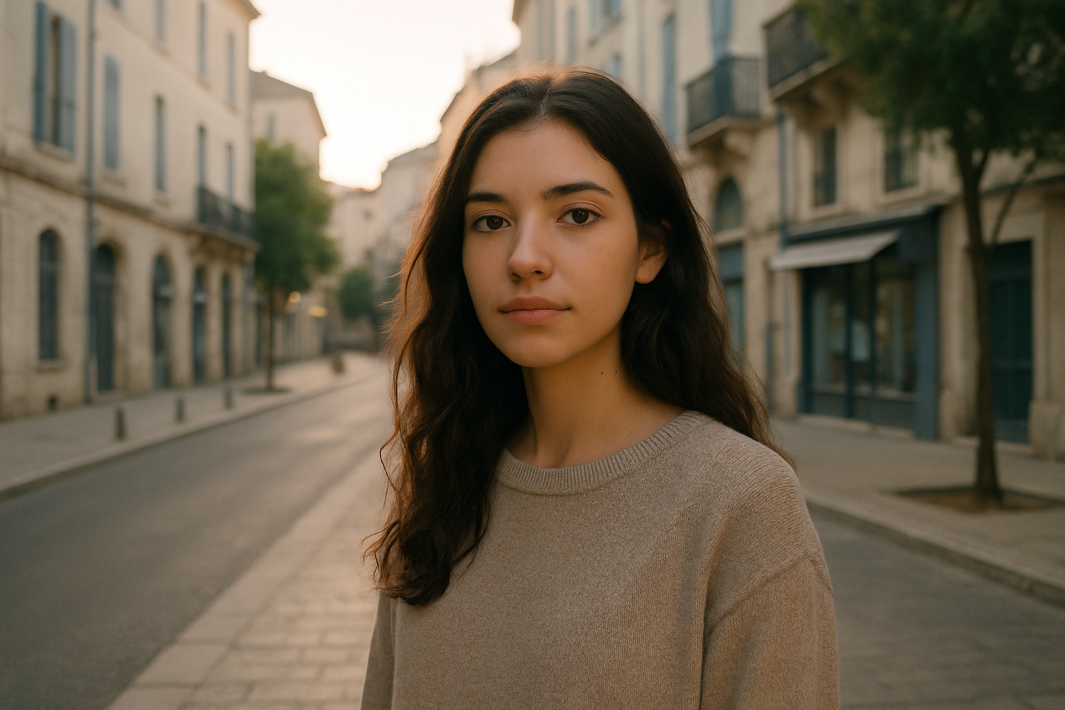 Jeune femme modèle posant en extérieur dans une rue de Nîmes avec lumière naturelle
