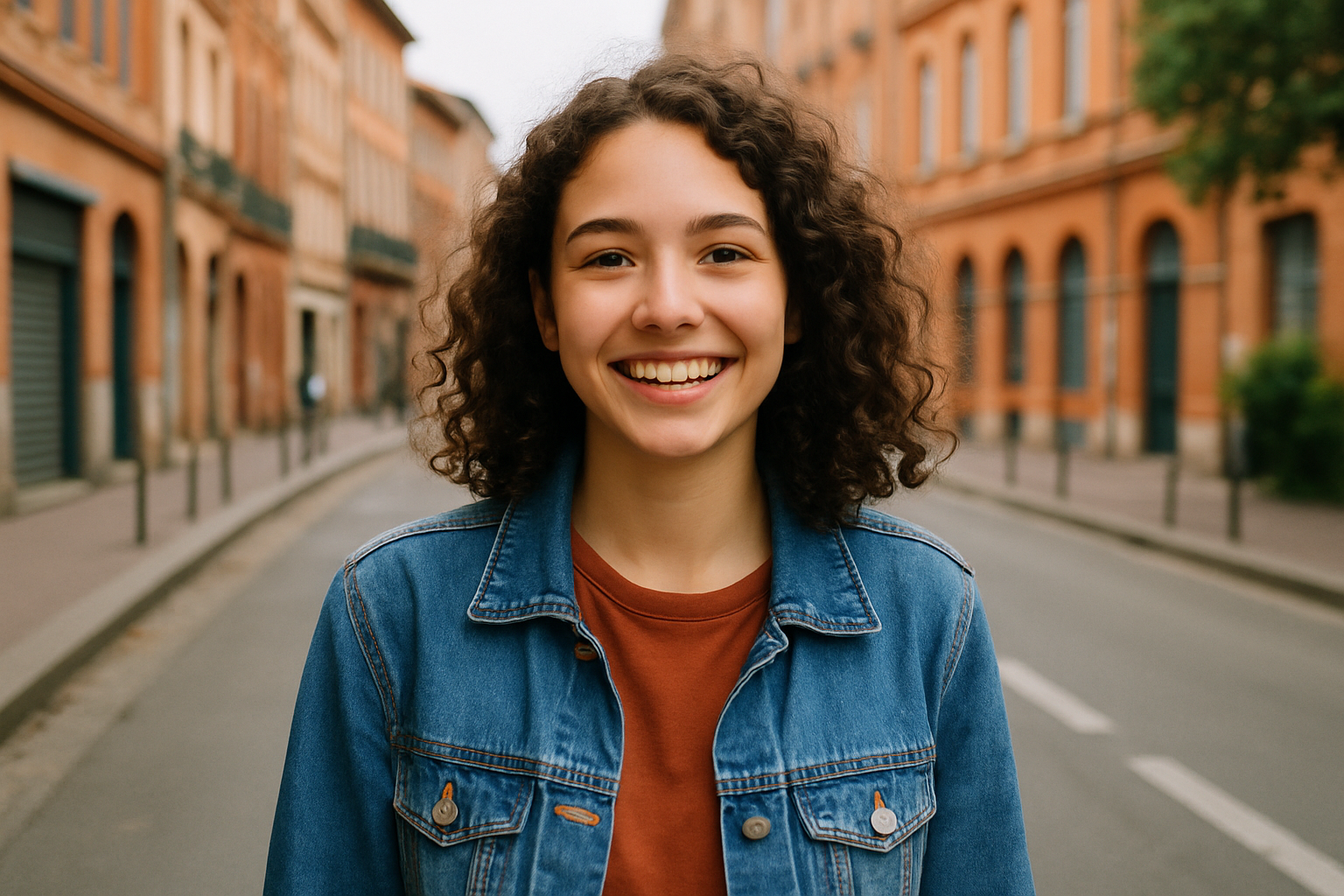 Jeune modèle féminin souriant en extérieur à Toulouse avec lumière naturelle